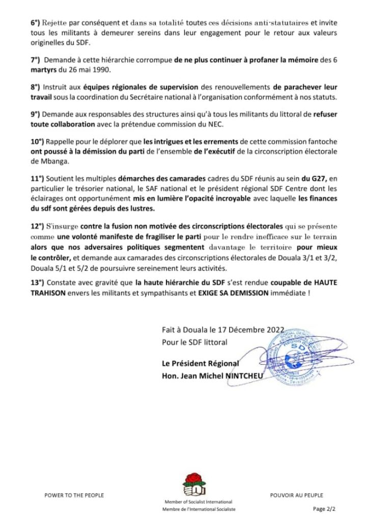 SDF : Jean Michel Nintcheu exige la démission de Fru Ndi