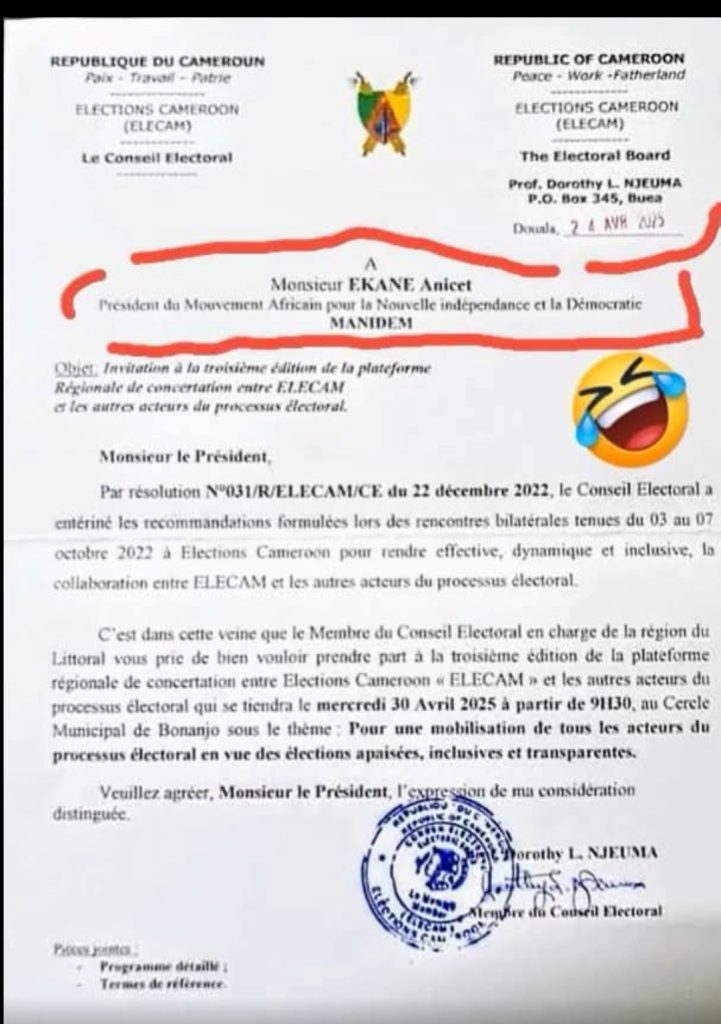 etter from ELECAM dated April 24, 2025, addressed to Anicet Ekane as President of MANIDEM