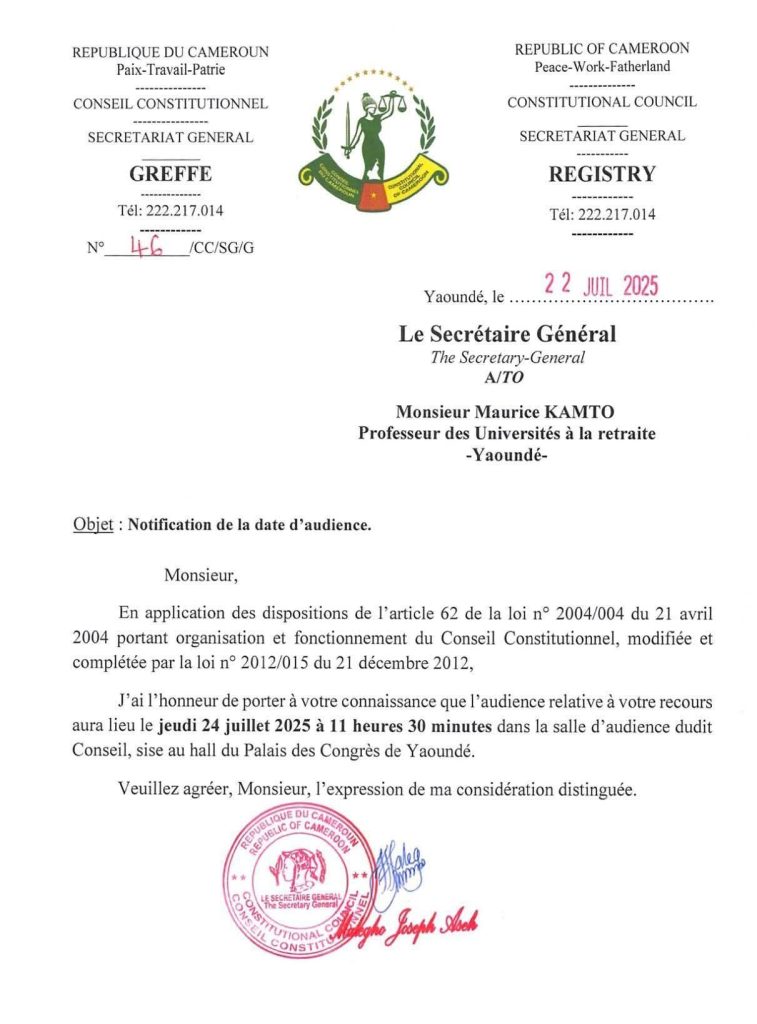 Le Conseil Constitutionnel écrit à Maurice Kamto